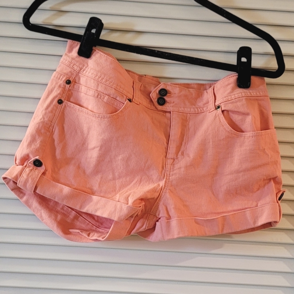 Life In Progress - Peach Coral Cuffed Denim Shorts Double Button